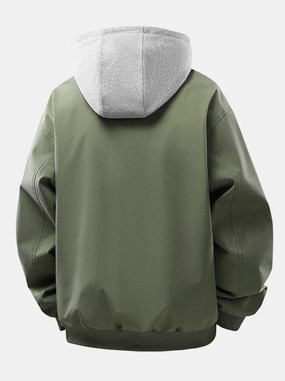 Relax Fit Contrast Corduroy Bomber Jacket With Detachable Hood