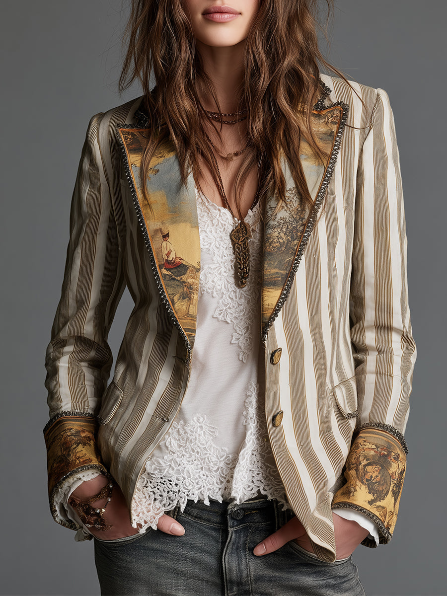 Women's Blazer with Lapels & Bohemian Striped Print