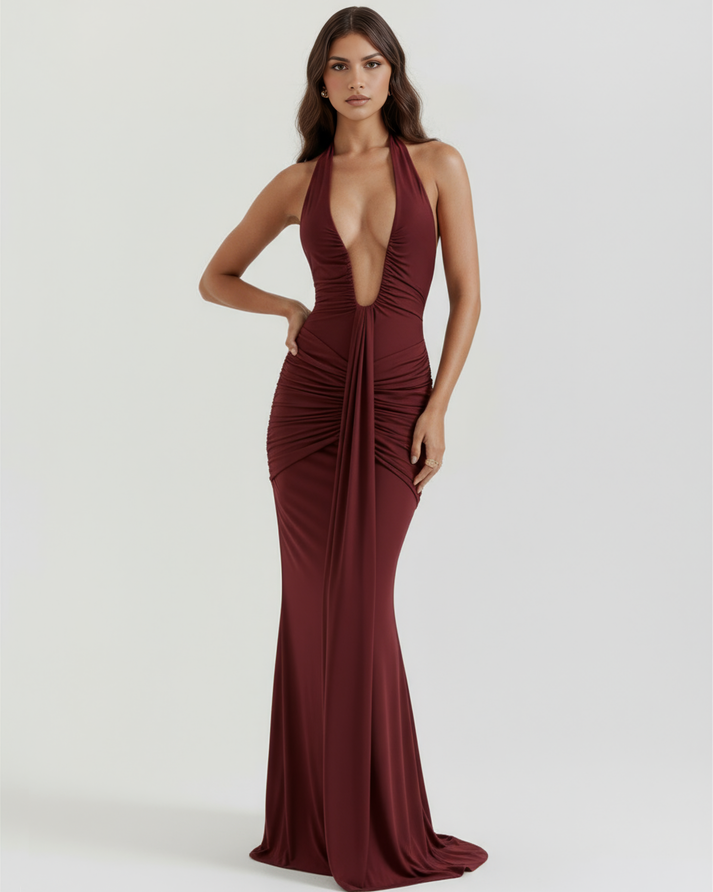 Lily - Burgundy Jersey Maxi Dress with Plunging Halter Neckline & U-Wire Detail