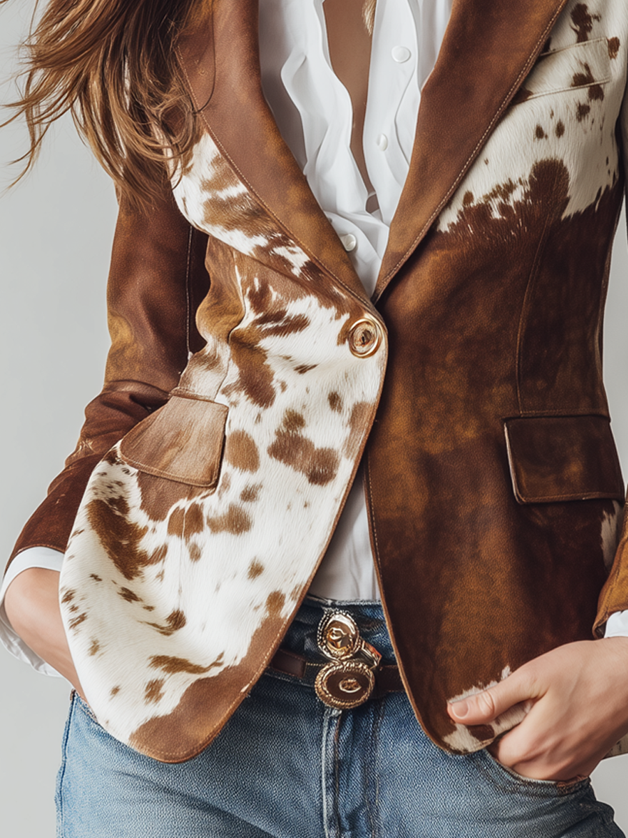 Vintage Cow Print Eco Leather Blazer