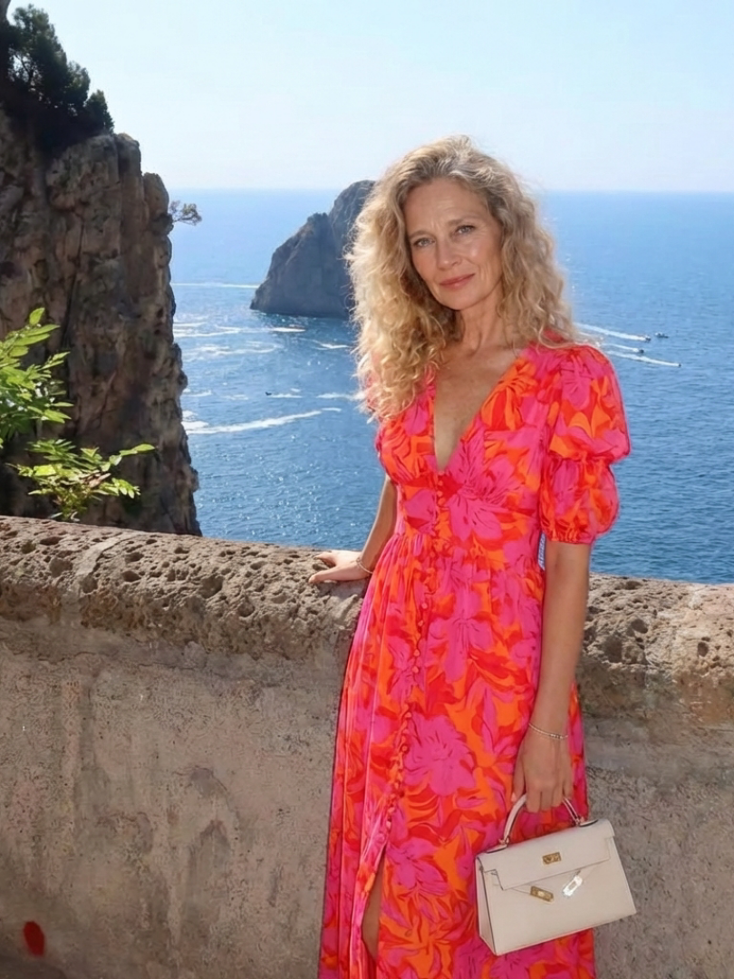 Ellis & Johnson™  | Floral V Neck Puff Sleeve Midi Dress