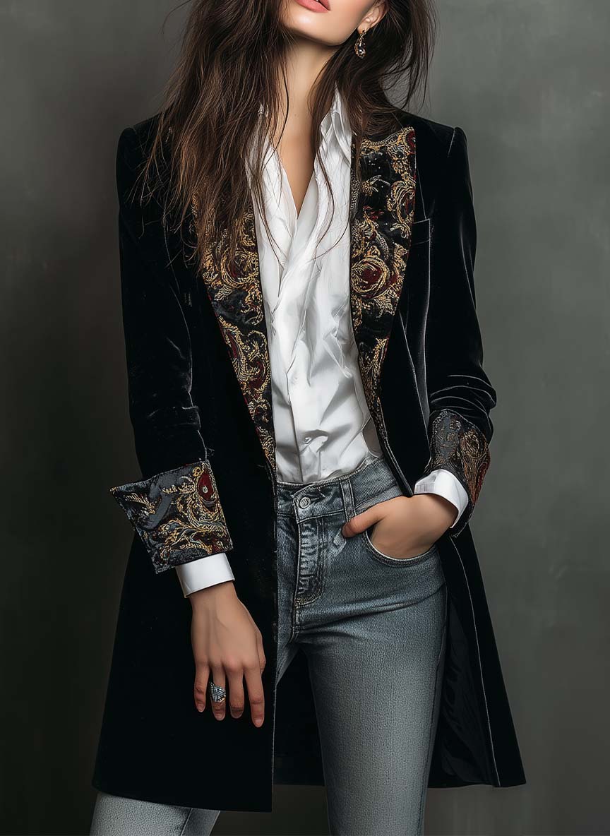 Black Slim-Fit Women's Blazer with Lapels & Baroque Print