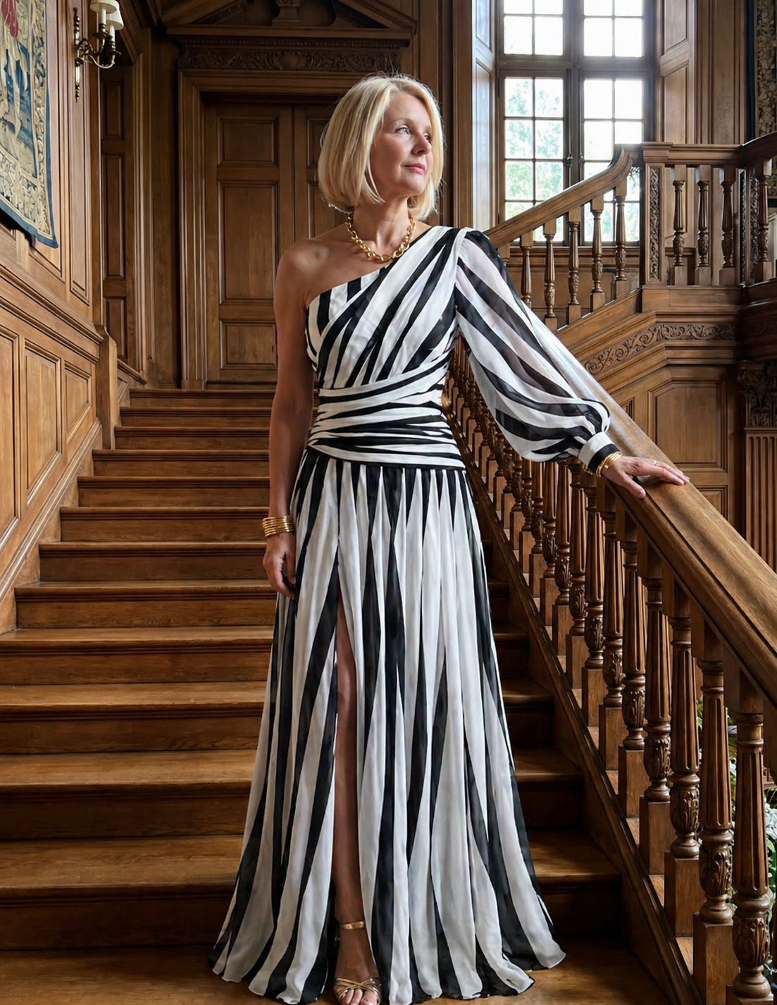 ARVELYNE™ | Elegant Striped Maxi Dress with One Shoulder