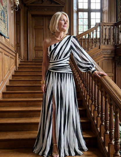 ARVELYNE™ | Elegant Striped Maxi Dress with One Shoulder