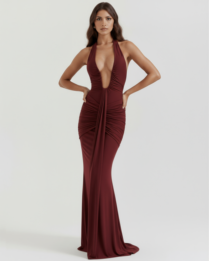 Lily - Burgundy Jersey Maxi Dress with Plunging Halter Neckline & U-Wire Detail