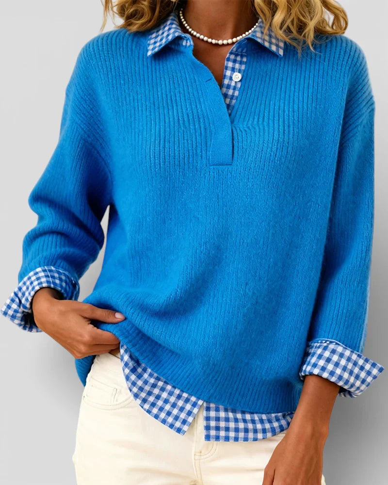 Emily – Knit Sweater with Plaid Shirt Detail
