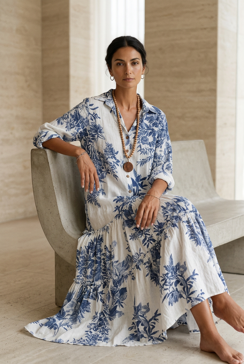 Bohemian Blue Floral Button-down Maxi Dress