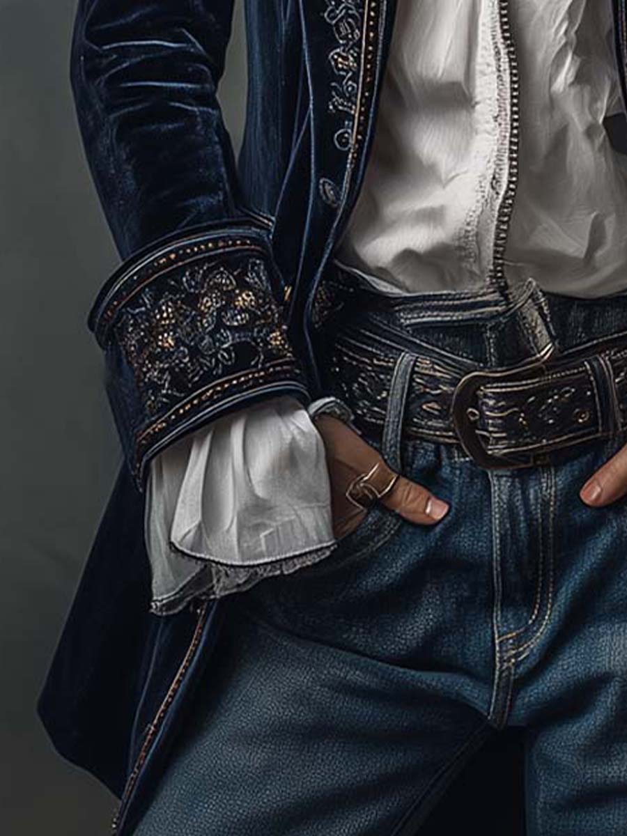 Navy Blue Vintage Embroidered Long Jacket