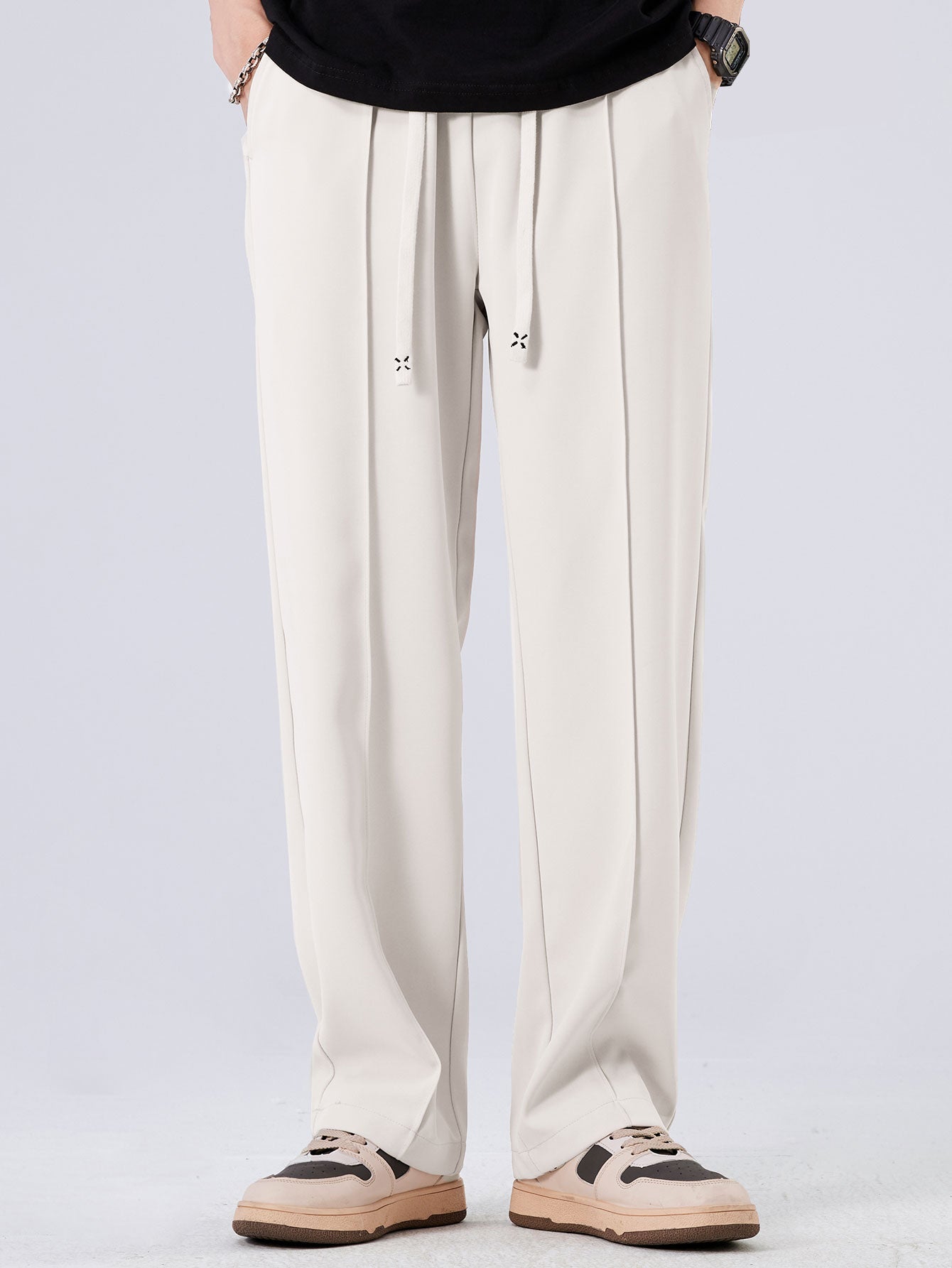 Single Pleat Drawstring Straight Leg Pants