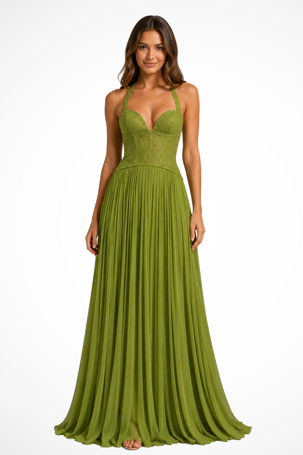 Arabesca | Women’s Halter Corset Pleated Maxi Dress In Olive Green