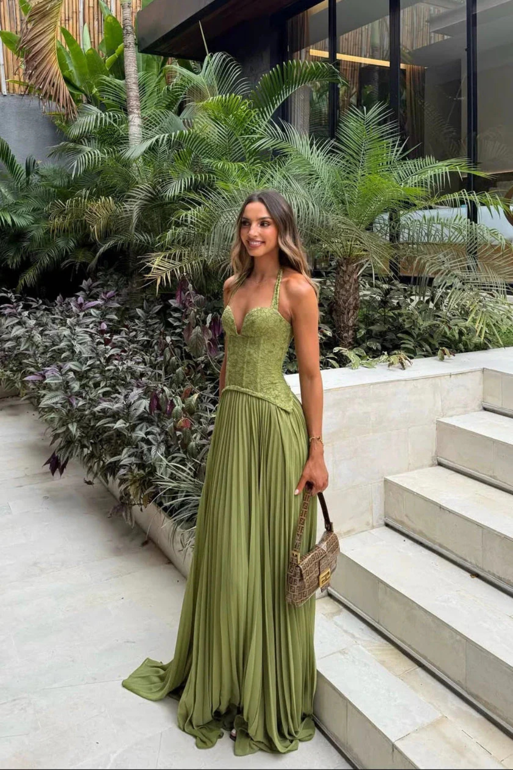 Arabesca | Women’s Halter Corset Pleated Maxi Dress In Olive Green