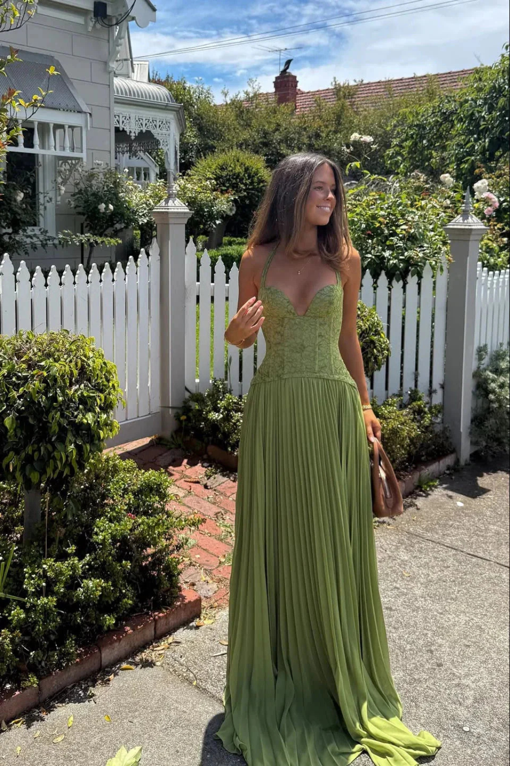 Arabesca | Women’s Halter Corset Pleated Maxi Dress In Olive Green
