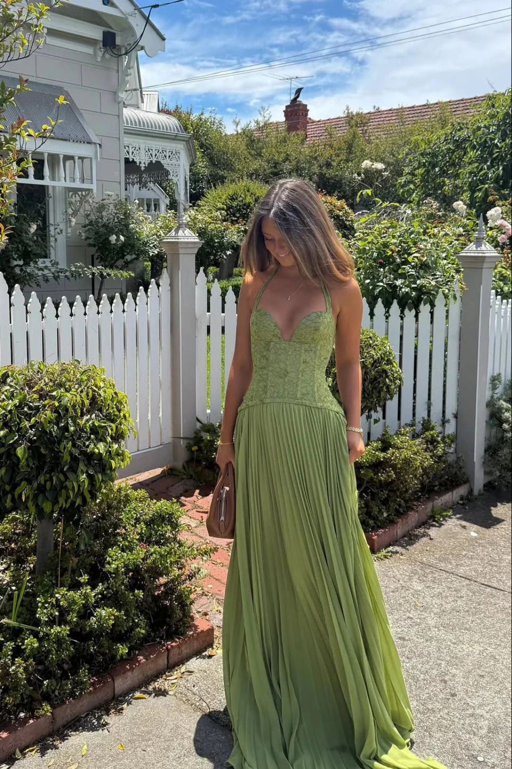 Arabesca | Women’s Halter Corset Pleated Maxi Dress In Olive Green