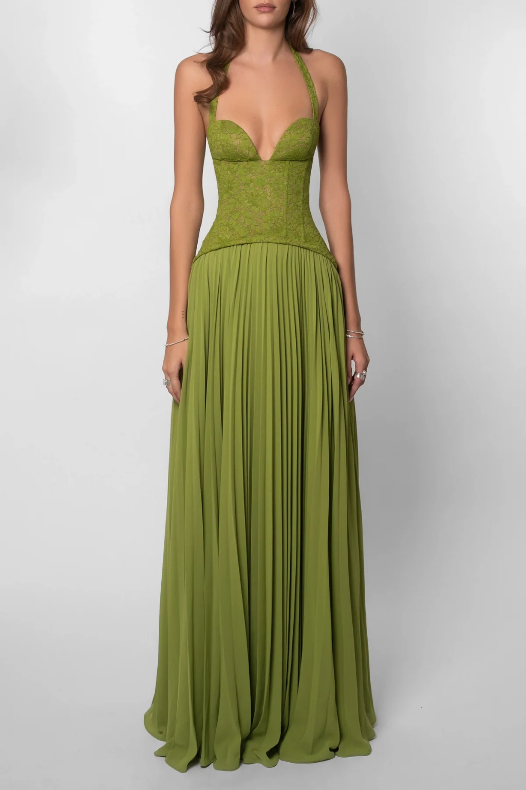 Arabesca | Women’s Halter Corset Pleated Maxi Dress In Olive Green