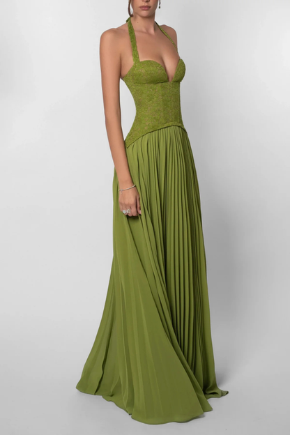 Arabesca | Women’s Halter Corset Pleated Maxi Dress In Olive Green