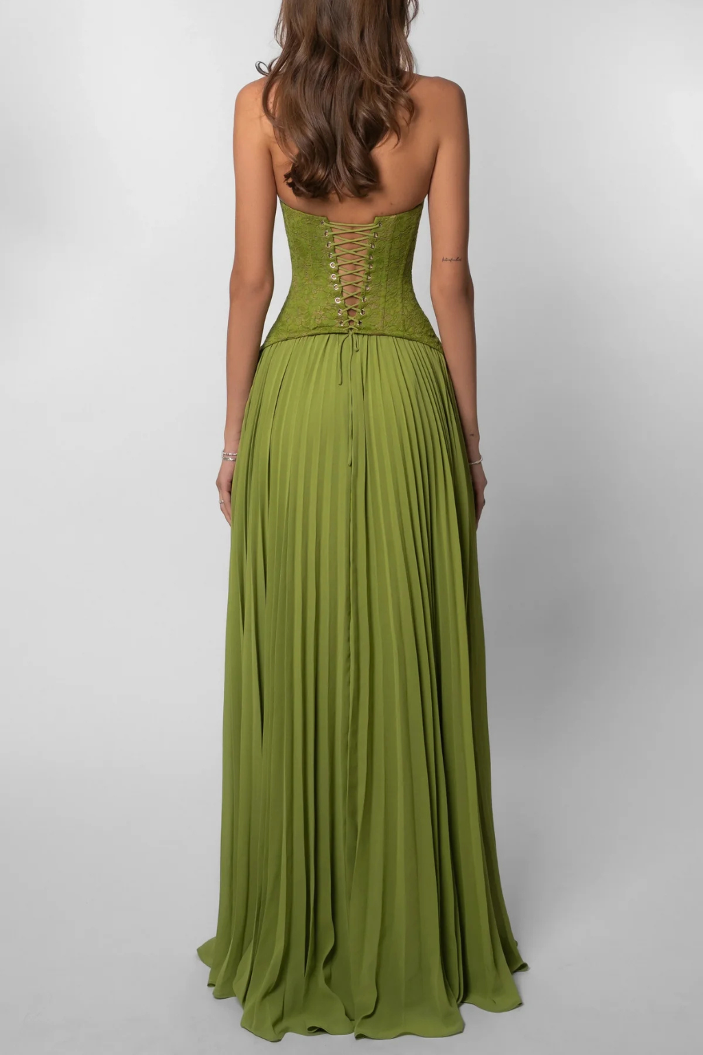 Arabesca | Women’s Halter Corset Pleated Maxi Dress In Olive Green