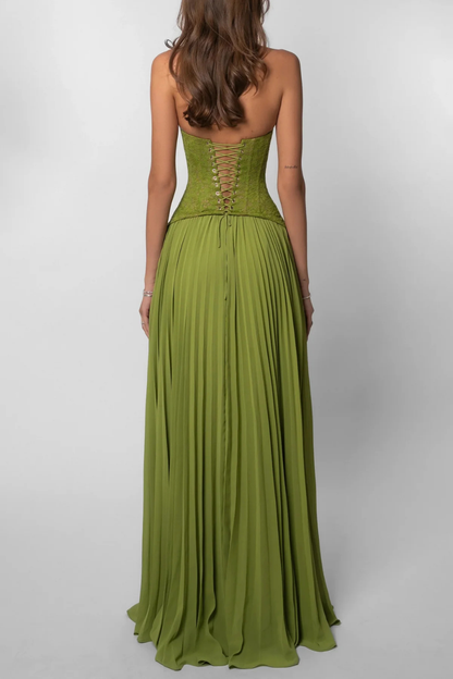 Arabesca | Women’s Halter Corset Pleated Maxi Dress In Olive Green