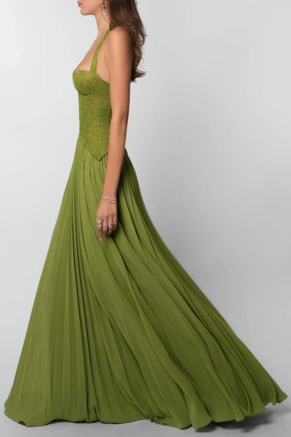 Arabesca | Women’s Halter Corset Pleated Maxi Dress In Olive Green