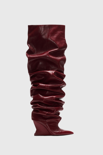 Aria Ruched Wedge Knee Hight Boots - Wine