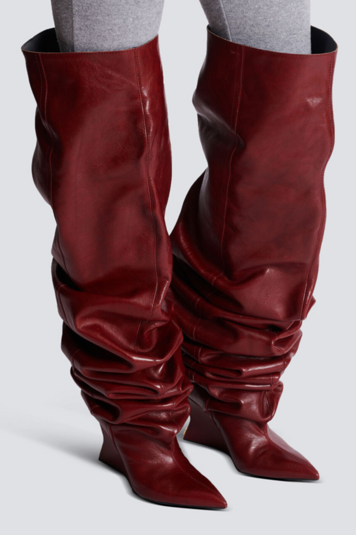 Aria Ruched Wedge Knee Hight Boots - Wine