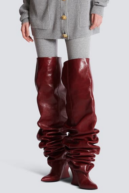 Aria Ruched Wedge Knee Hight Boots - Wine