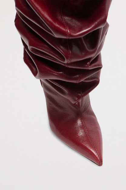 Aria Ruched Wedge Knee Hight Boots - Wine