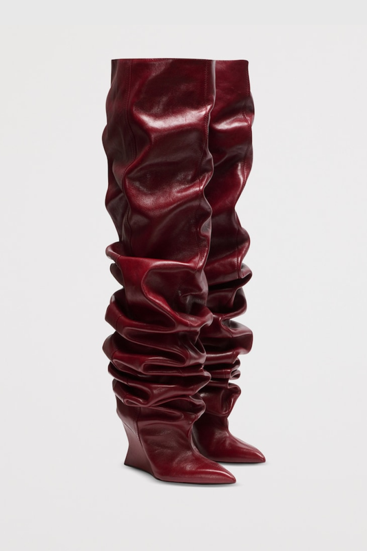 Aria Ruched Wedge Knee Hight Boots - Wine