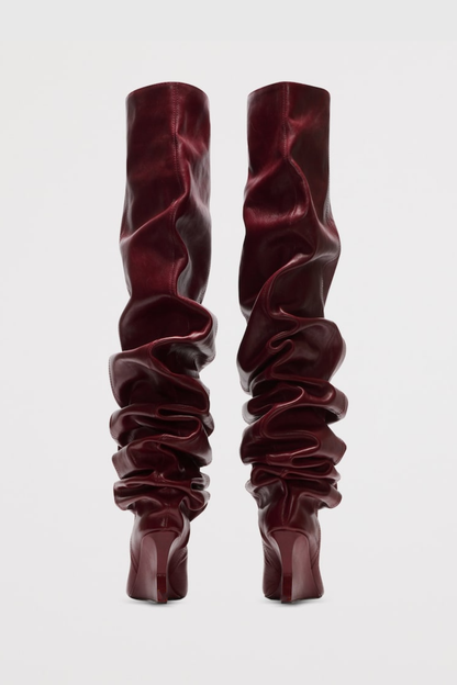 Aria Ruched Wedge Knee Hight Boots - Wine