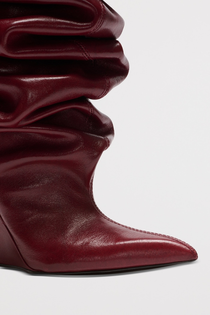 Aria Ruched Wedge Knee Hight Boots - Wine