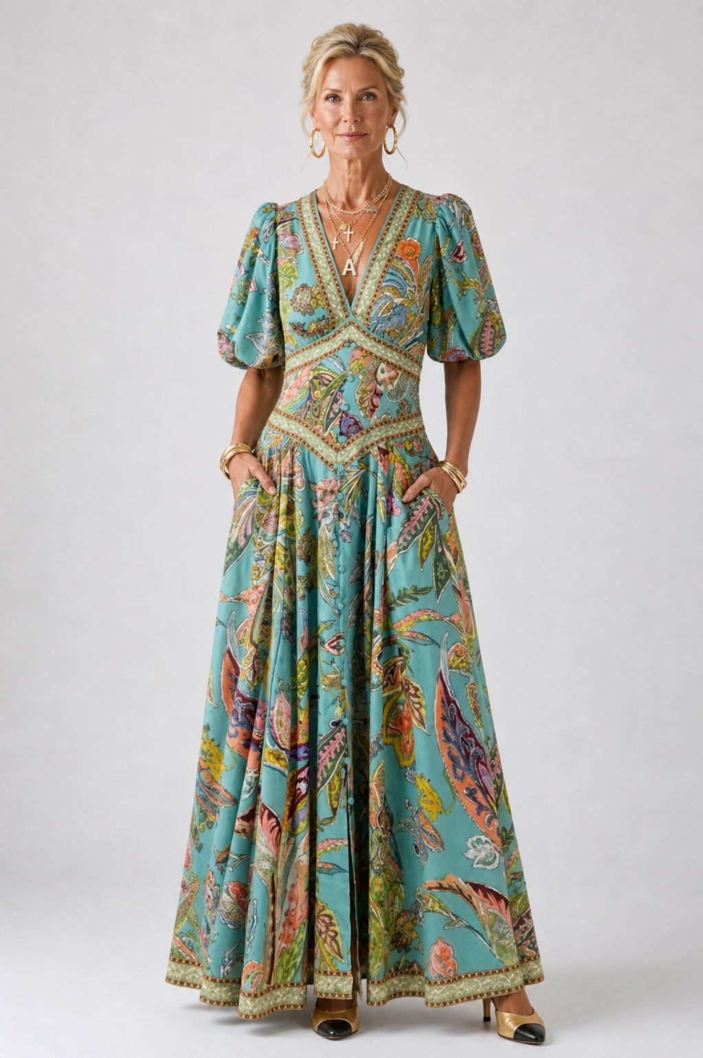 Edyth™  | Airy maxi dress with puff sleeves and V-neck