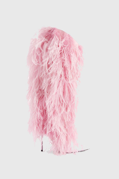 Mia Feather Knee-high Boots - Pink