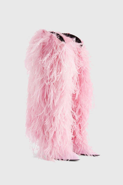 Mia Feather Knee-high Boots - Pink