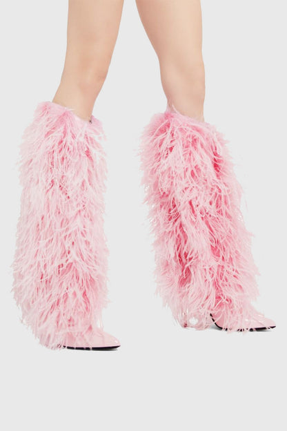 Mia Feather Knee-high Boots - Pink