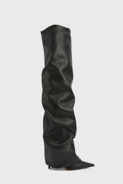 Scarlett Ruched Leather Over The Knee Boots - Black