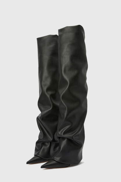Scarlett Ruched Leather Over The Knee Boots - Black