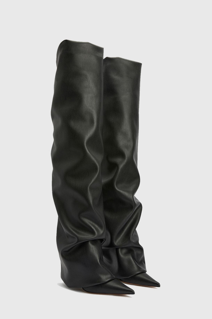 Scarlett Ruched Leather Over The Knee Boots - Black