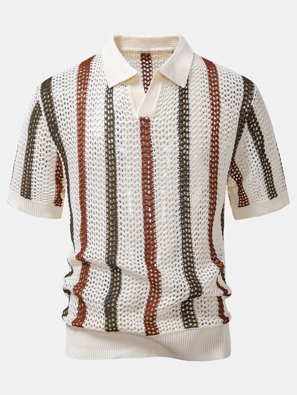 Striped Crochet V Neck Polo