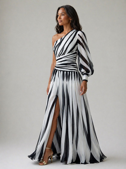 ARVELYNE™ | Elegant Striped Maxi Dress with One Shoulder