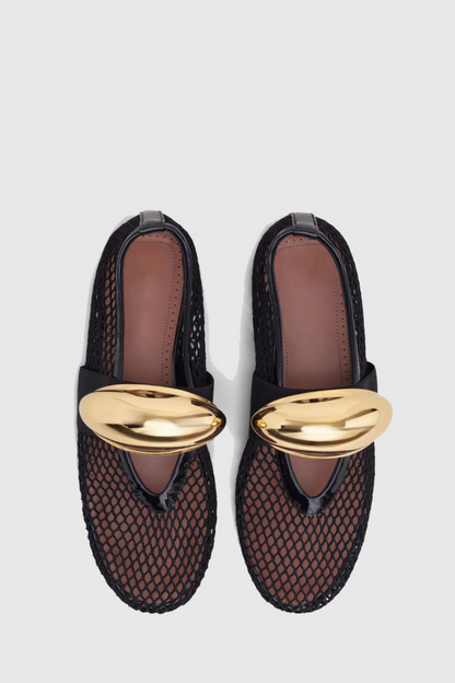 Sarah Hardware Buckle Fishnet Ballet Flats