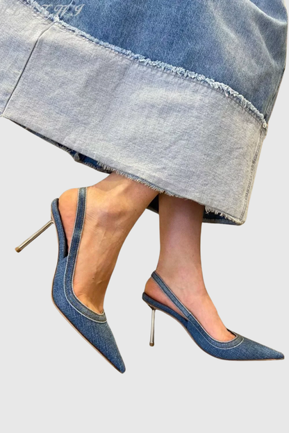 Ruby Denim Slingback Steel Heels