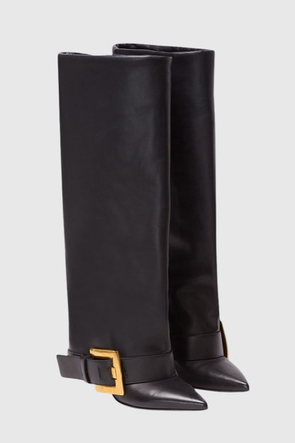 Lily Gold Buckle Knee Hight Boots - Black