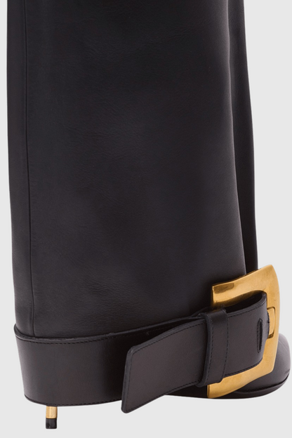 Lily Gold Buckle Knee Hight Boots - Black