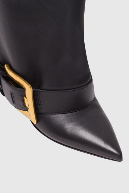 Lily Gold Buckle Knee Hight Boots - Black