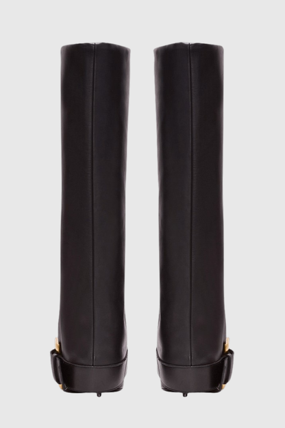 Lily Gold Buckle Knee Hight Boots - Black