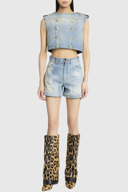 Ella Gold Buckle Knee Hight Boots - Leopard