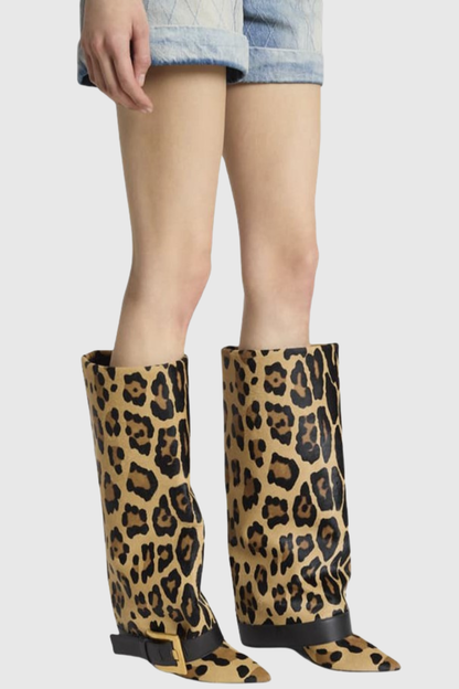 Ella Gold Buckle Knee Hight Boots - Leopard