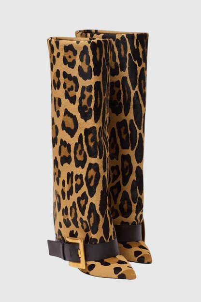 Ella Gold Buckle Knee Hight Boots - Leopard