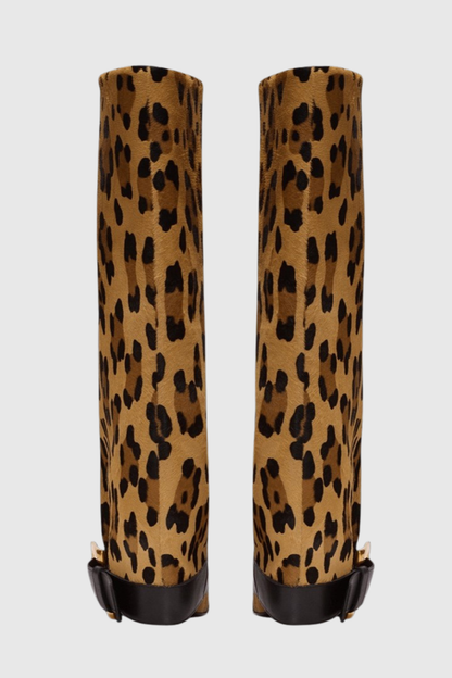 Ella Gold Buckle Knee Hight Boots - Leopard