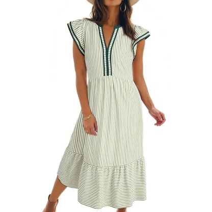 BLYTHE™ – Striped Ruffle Cap Sleeve Midi Dress