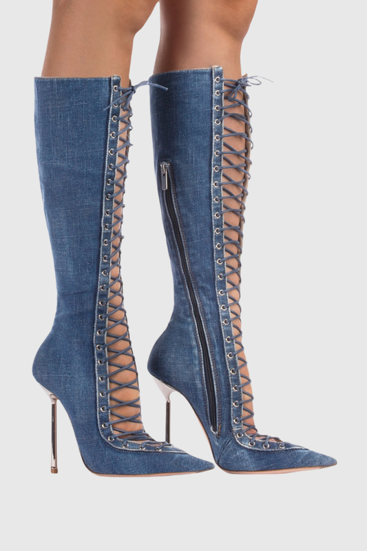 Mia Lace Up Denim Knee High Boots - Blue